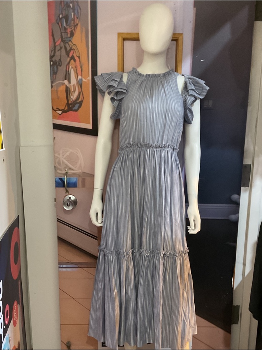 cinq a sept Grey Pleated Ruffle Shoulder Maxi Dress